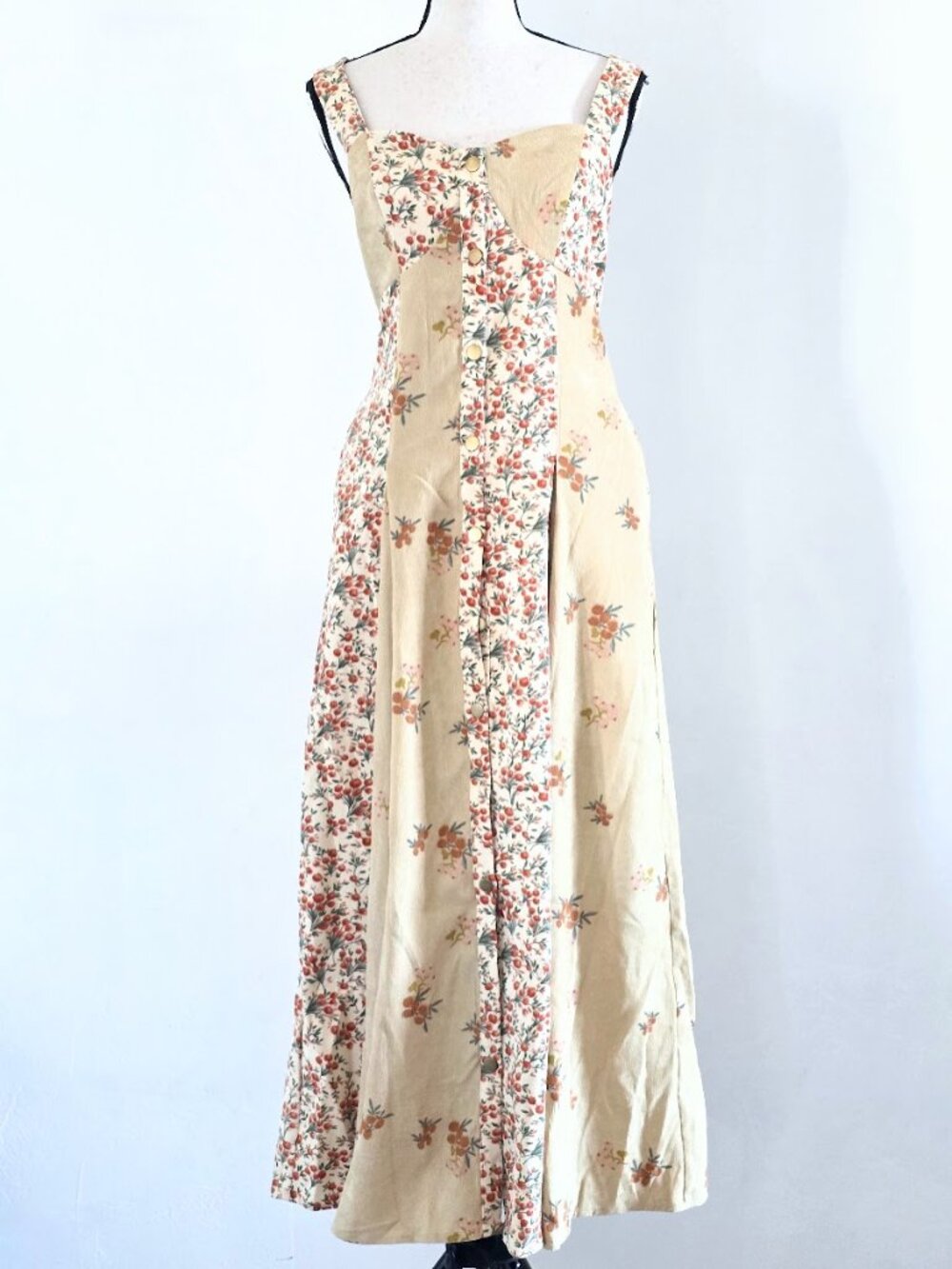 Heyson Patchwork Floral Corduroy Midi Dress Cream Tan Small